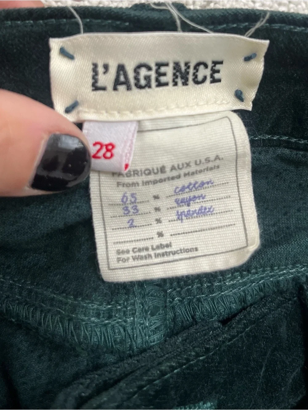 L'agence Womens Green Velvet High Rise Skinny Jeans Gold Tone Buttons Size 28